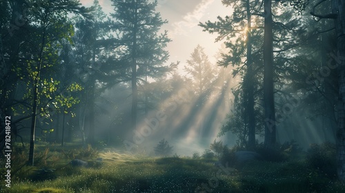 Experience the tranquility of a mist-covered forest at dawn, where sunlight filters through the trees, casting ethereal rays of light onto the forest floor.