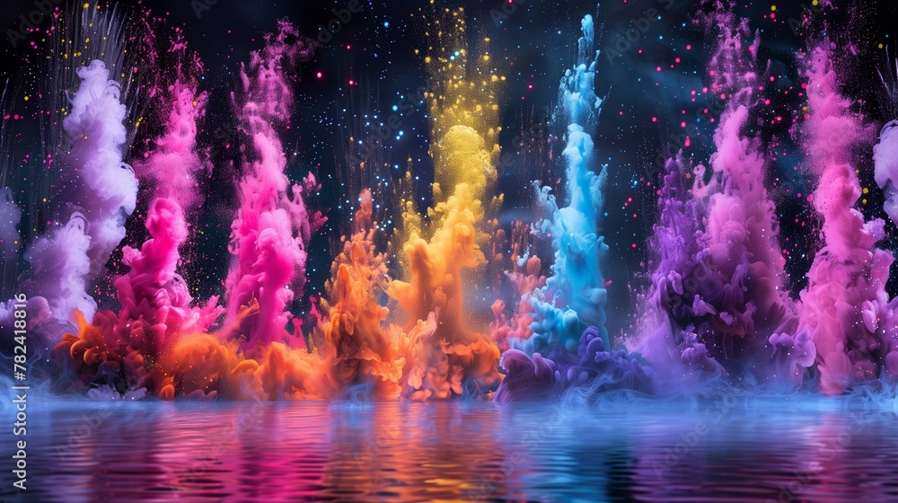 Immerse yourself in a spectacle of color and light, as an explosion of vibrantly colored smoke fills the darkness with its radiant glow in a mesmerizing 3:4 composition.