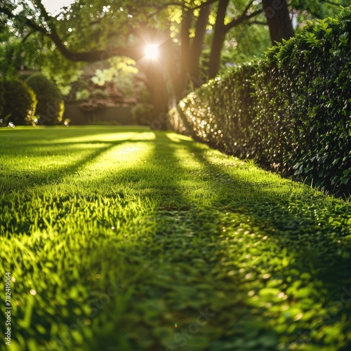 Beautiful green lawn with lush grass in the garden at sunset, golden sunlight filtering through green trees