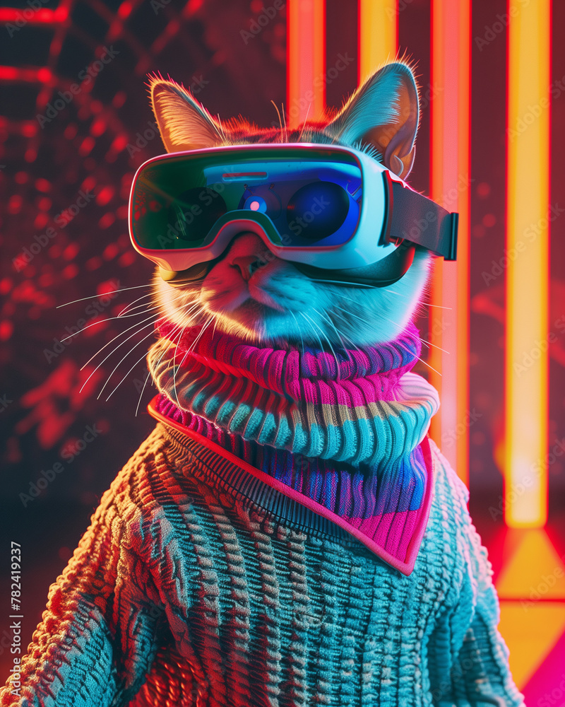 anthropomorphic cat portrait, wearing future inspired oversized designer knitwear, vr goggles