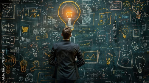 Empresario con una bombilla como concepto de idea, éxito y negocio. 