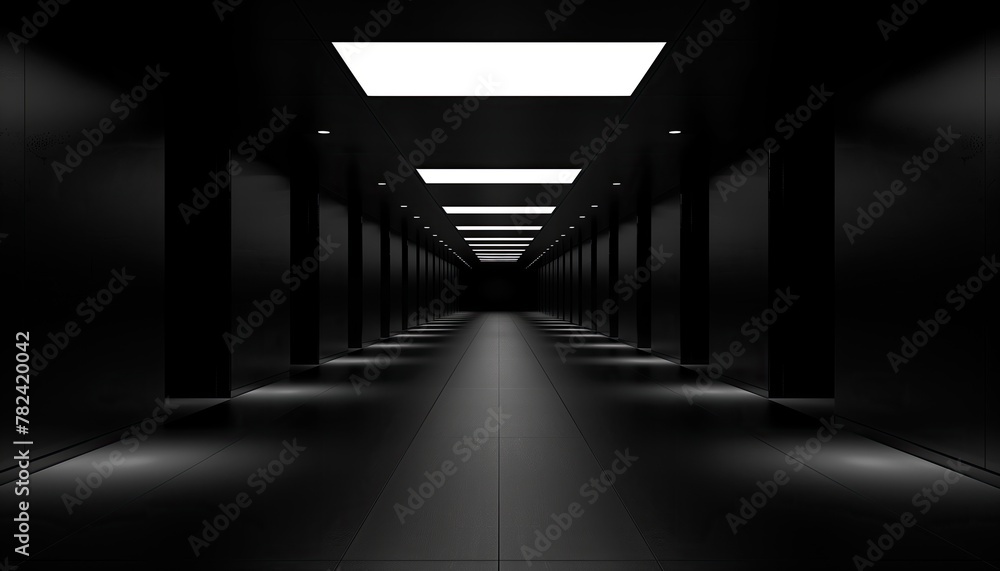 a black and white photo of a tunnel with lights coming out of the ceiling