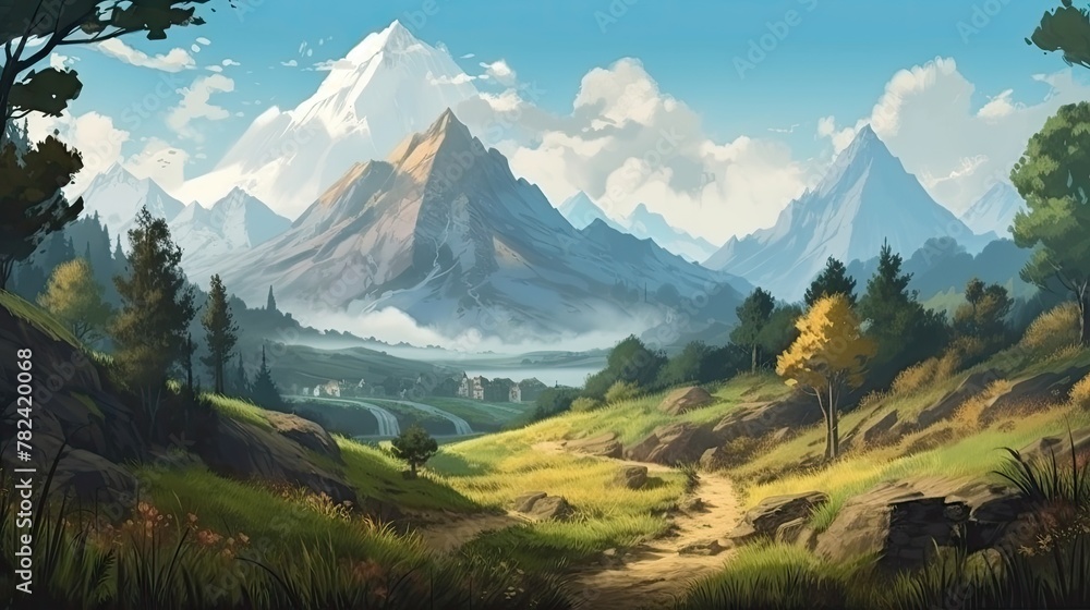Fantastical Mountain Landscape in Realistic Digital Art Style Generative AI