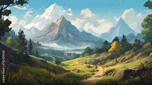 Fantastical Mountain Landscape in Realistic Digital Art Style Generative AI