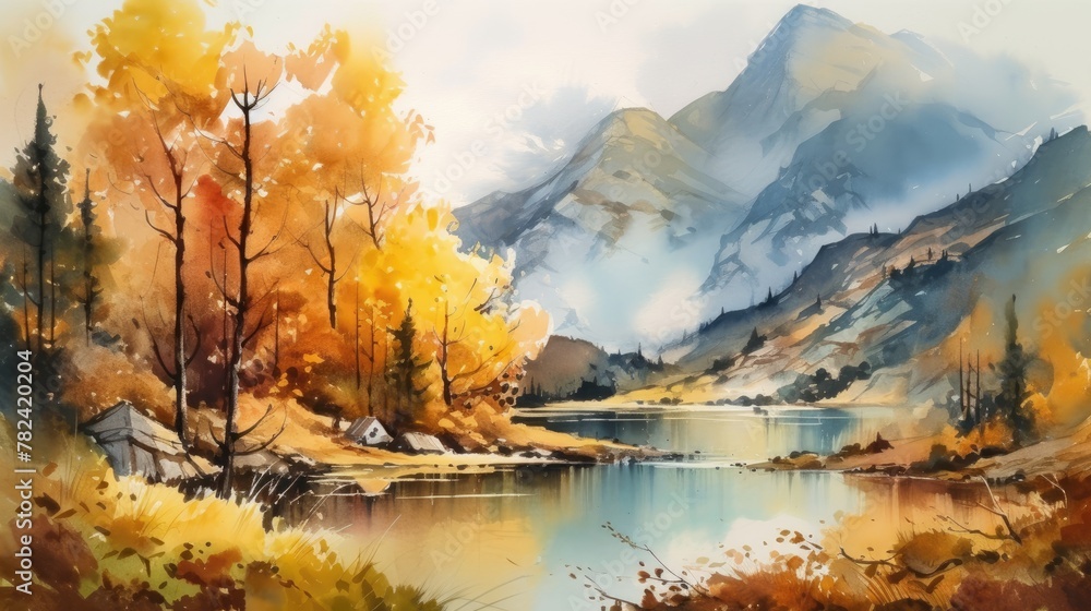 Fototapeta premium Serene Autumnal Watercolor Landscape Generative AI