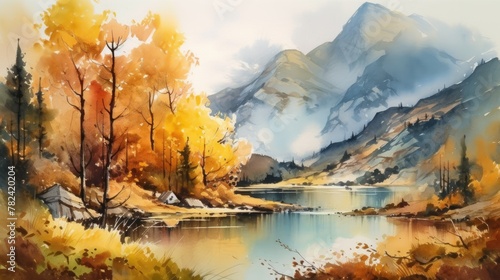 Serene Autumnal Watercolor Landscape Generative AI photo