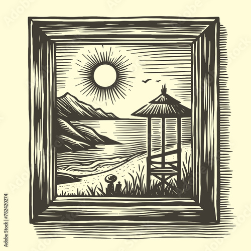 framed picture of a beach landscape vintage illustration
