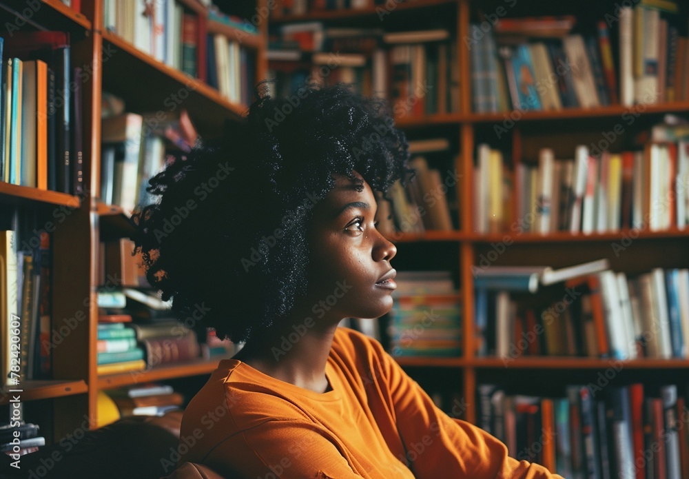 A woman in front of bookshelves in a library A woman in front of bookshelves in a library