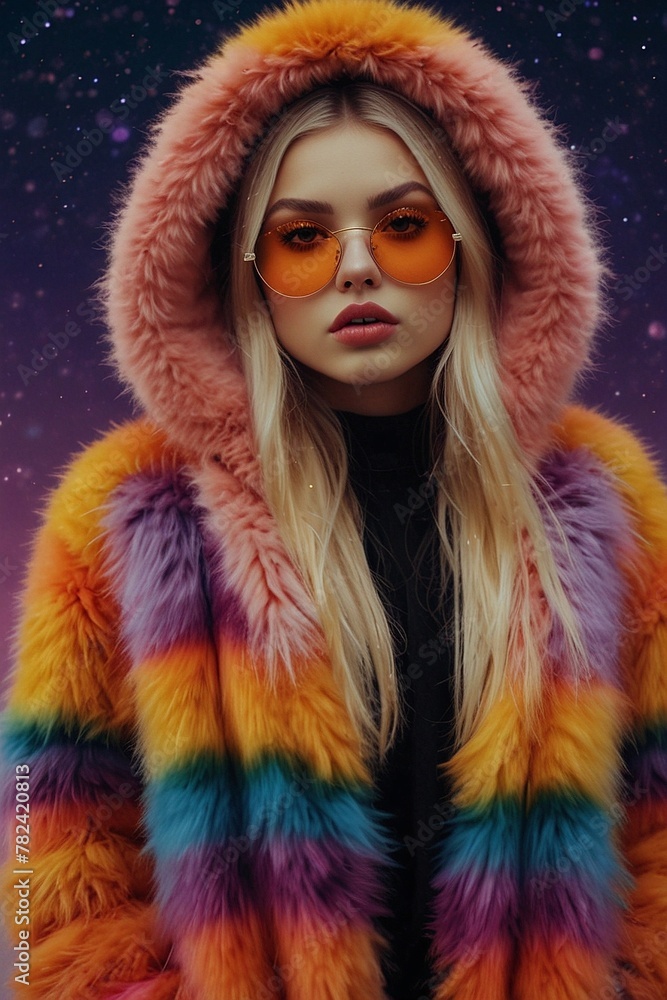 Vibrant Vogue: Fashionable Woman in a Colorful Fur Coat with Hood Ears Posing Against a Blue Backdrop Vibrant Vogue: Fashionable Woman in a Colorful Fur Coat with Hood Ears Posing Against a Blue Backdrop
