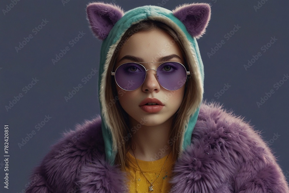 Vibrant Vogue: Fashionable Woman in a Colorful Fur Coat with Hood Ears Posing Against a Blue Backdrop Vibrant Vogue: Fashionable Woman in a Colorful Fur Coat with Hood Ears Posing Against a Blue Backdrop