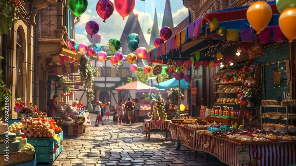 A charming street market bustling with activity, where vendors display an array of festive birthday decorations, from vibrant balloons to ornate cake stands.