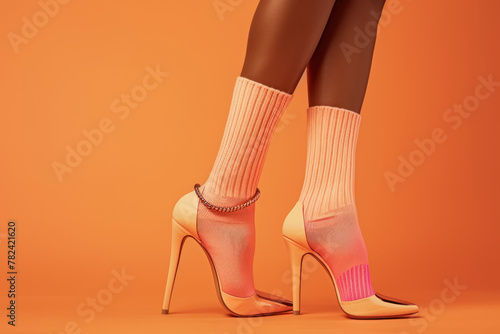 chic pastel peach socks paired with elegant cream high heels on orange backdrop