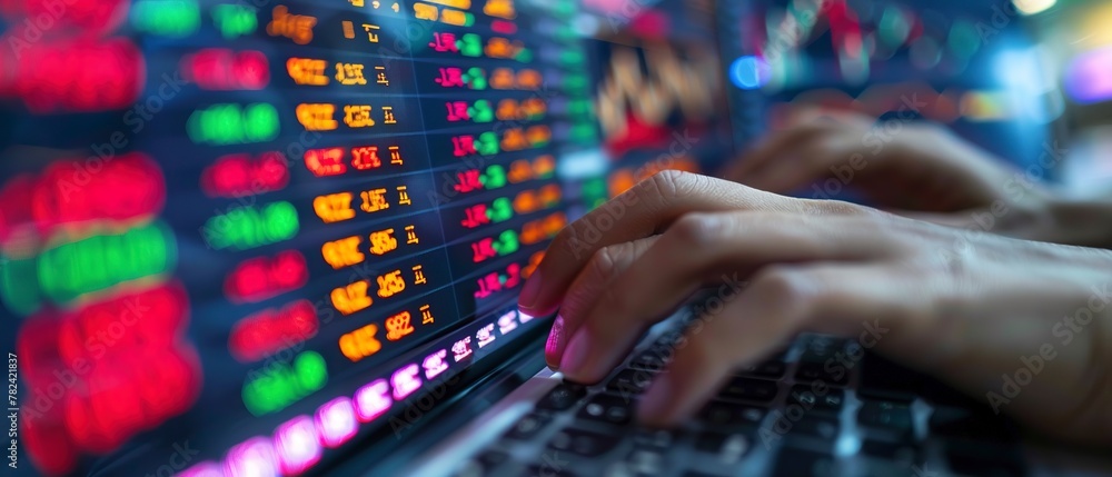 Close-up of hands typing on a commodity trading platform, sharp screen details, active session Close-up of hands typing on a commodity trading platform, sharp screen details, active session