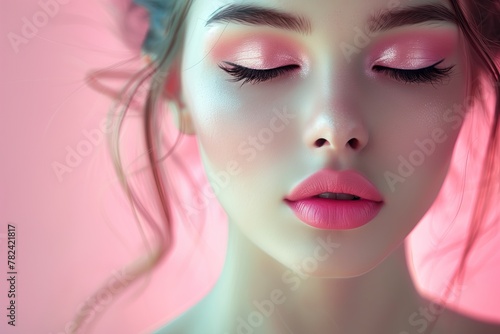 Studio photo of a woman face showing perfectly done pink makeup
