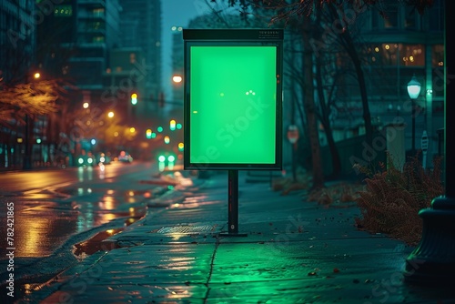 a green billboard is sitting on the sidewalk in the middle of a city at night