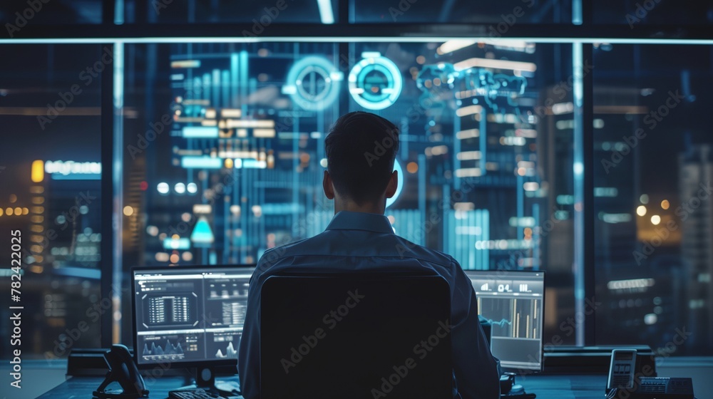 a man sitting at a desk in front of a computer monitor with a lot of data on it a man sitting at a desk in front of a computer monitor with a lot of data on it
