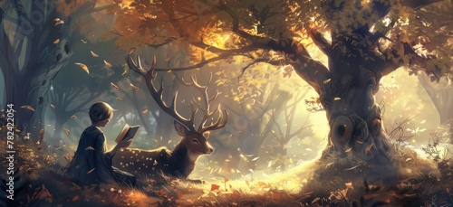 Enchanted forest reading with majestic stag and autumn leaves