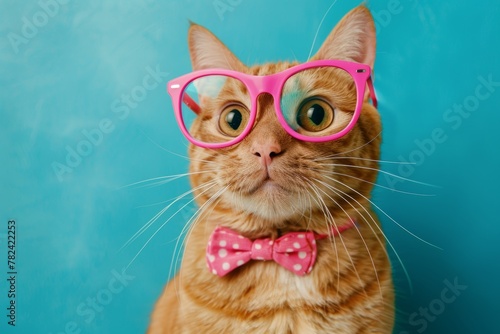 A cat wearing pink glasses and a pink bow tie. The cat has a surprised expression on its face