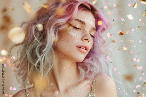 carefree young woman with multicolored hair and confetti enjoying party atmosphere for lifestyle advertising
