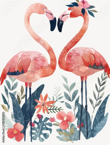 Two pink flamingos standing in a field of flowers. The flowers are in various colors and sizes  and the flamingos are surrounded by green leaves and branches. Concept of peace and tranquility