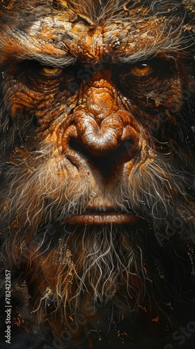 A large, furry, angry looking face with a big nose. The face is surrounded by a dark background photo