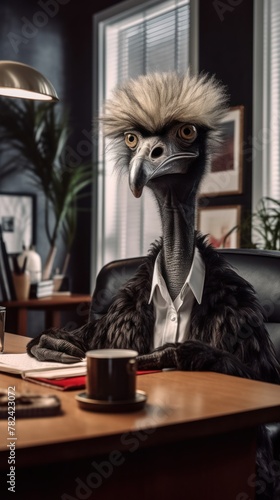 Quirky Businessman Ostrich in African-Themed Office Generative AI