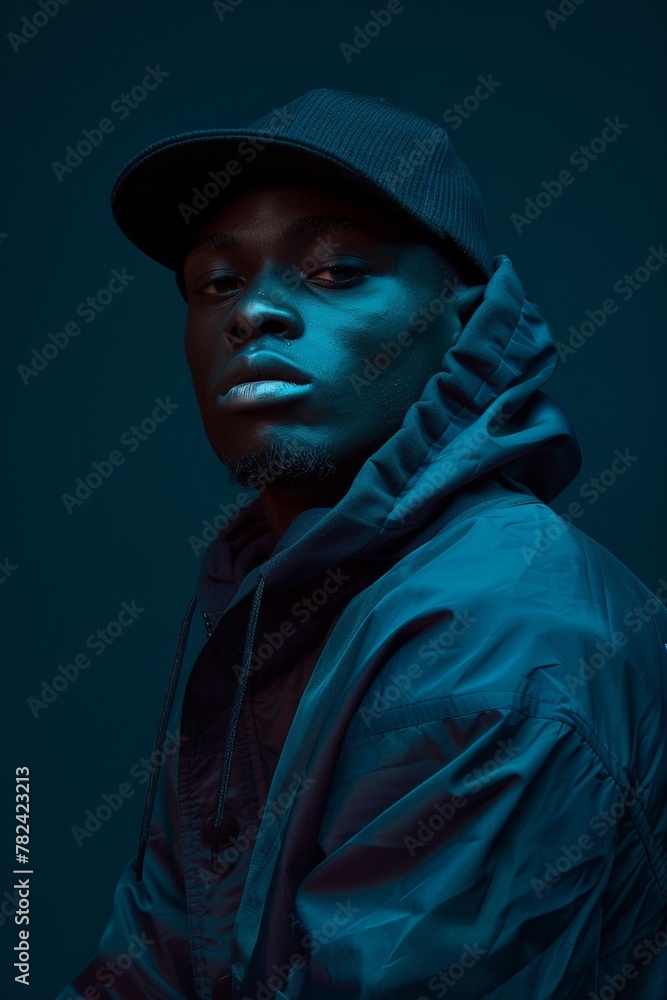 A man wearing a black hat and a black hoodie is standing in front of a blue background