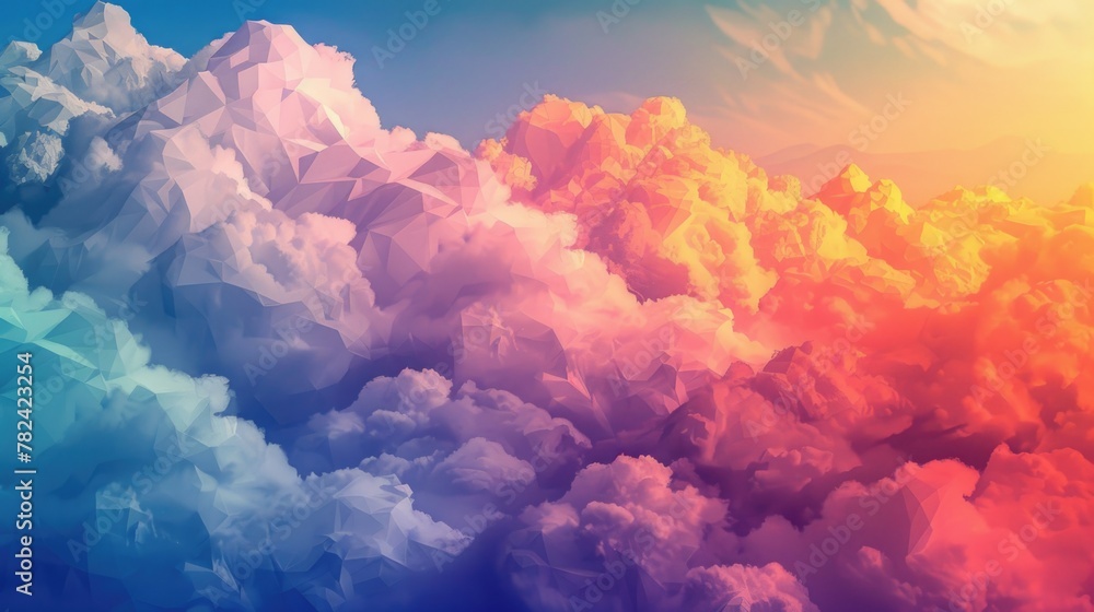Stylized low poly clouds, pastel colored 3D landscape