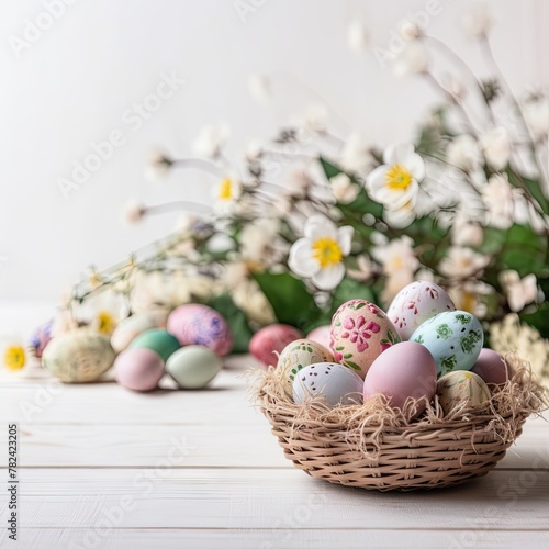 Vibrant Floral Easter Eggs on Rustic Wooden Background Generative AI