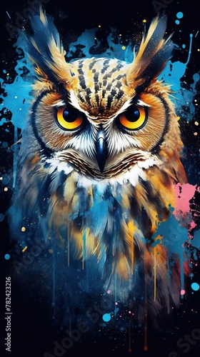 Whimsical Watercolor Owl Painting on Dark Background Generative AI
