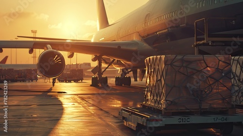 Airplane with cargo boxes and loading crew at airport, wide plane in the sunlight. The success of air transport, flight travel, and shipping. AI generated illustration photo