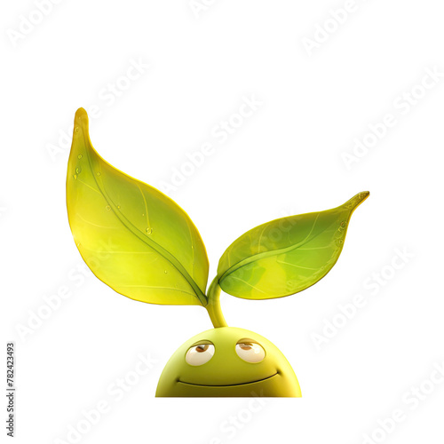 Smiling plant in green color, curious cartoon bean sprout peeking through a tiny window on a transparent background