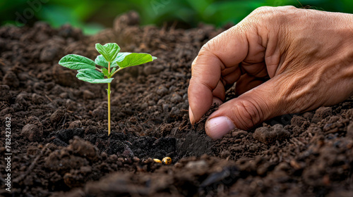 Farmer's hand planting seeds in soil agriculture concept