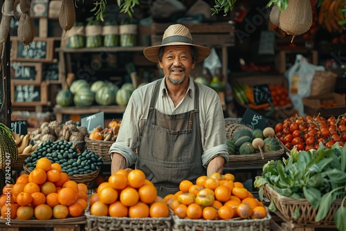 A man in a hat smiling at a fruit stand selling Rangpur at the market