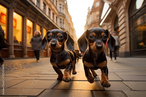 Dachshund Puppies Strolling Through Pastel City Generative AI