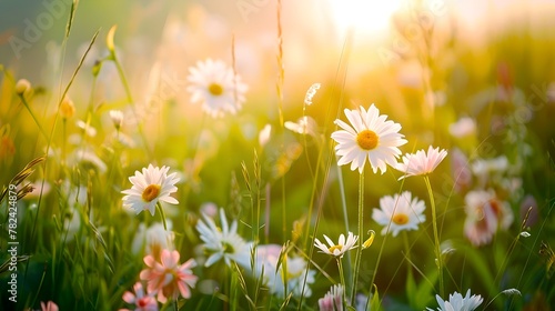 Warm summer meadow with blooming daisies basking in sunlight. Golden hour in floral paradise. Peaceful, tranquil nature scene. Ideal for relaxation and backgrounds. AI