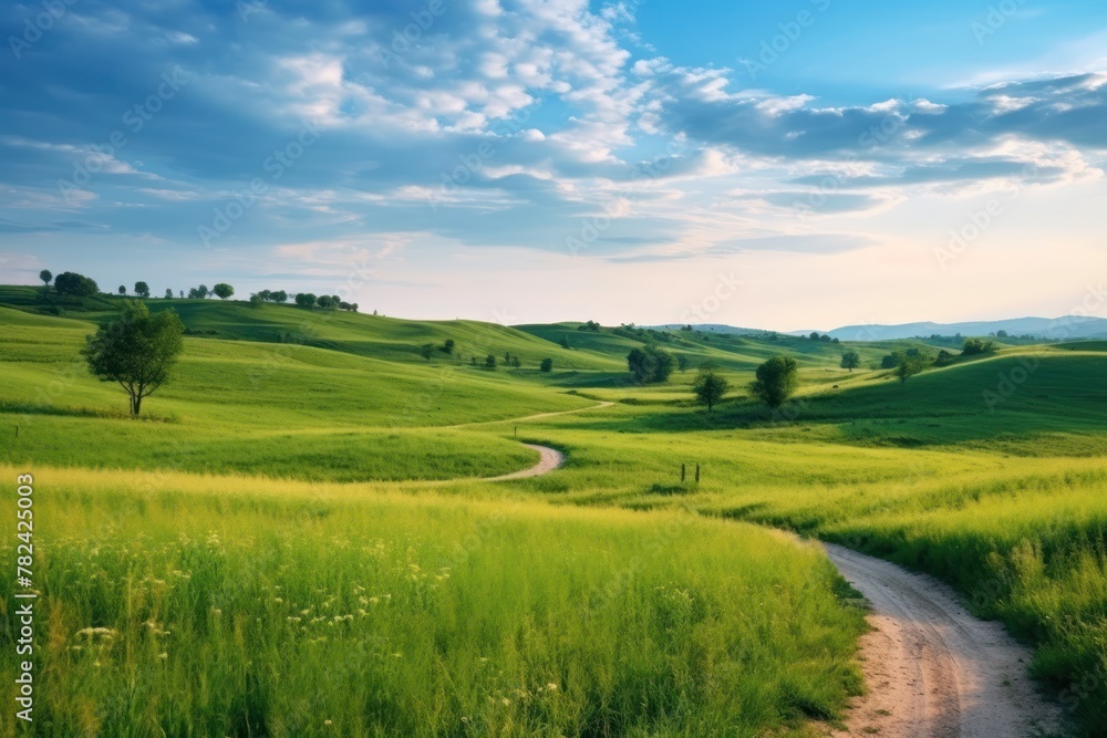Fototapeta premium Picturesque Winding Path Through Lush Green Meadow Generative AI