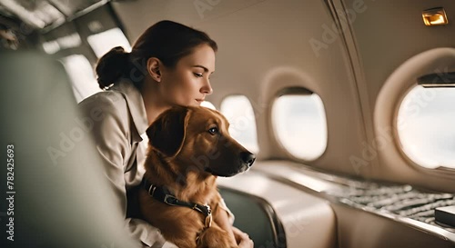 Woman with her dog on the plane. photo
