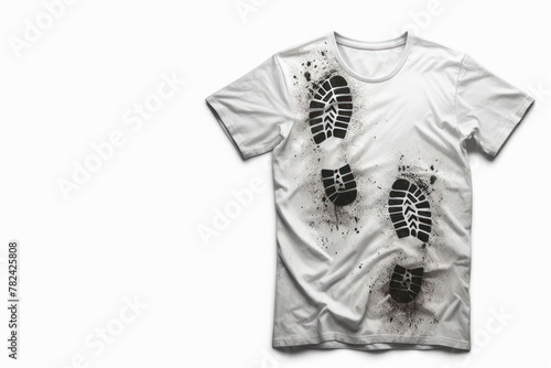 Traces of dirty shoes on a white t-shirt. Space for text. photo