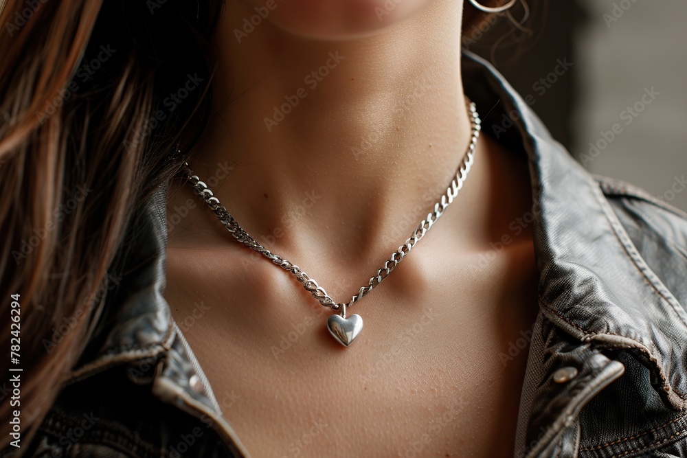 Silver heart pendant and chain on woman's neck