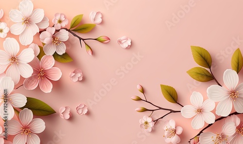 Delicate Cherry Blossom Branches on Soft Pink Background Generative AI