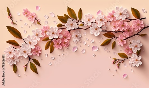 Blooming Cherry Blossom Branches on Pink Background Generative AI