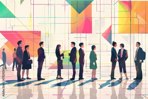 business people standing in lines, talking to each other and smiling The background is white with colorful geometric shapes and lines that give it an abstract feel Generative AI