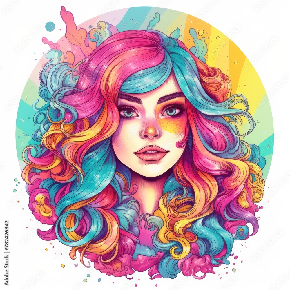 Whimsical Princess with Vibrant Rainbow Hair T-Shirt Design Generative AI Whimsical Princess with Vibrant Rainbow Hair T-Shirt Design Generative AI