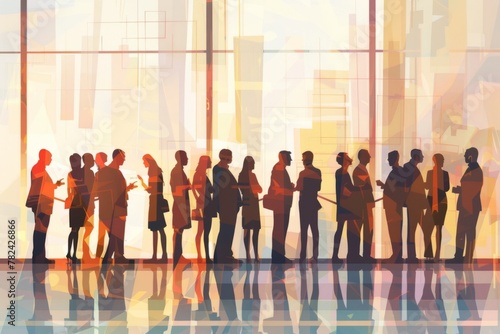 business people standing in line and talking to each other on a neutral background, using soft colors, with a balanced composition, emphasizing human interaction Generative AI