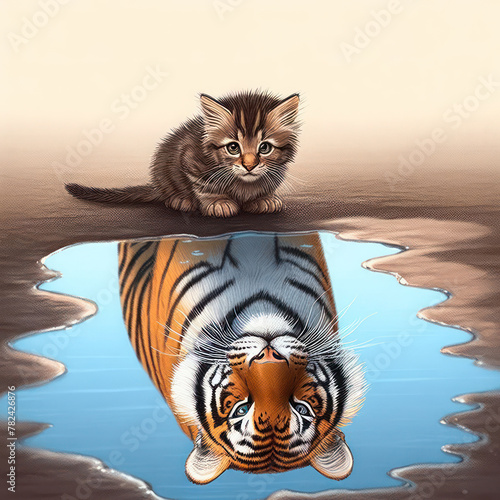 A kitten sitting near a puddle and seeing the reflection of a big tiger in it.