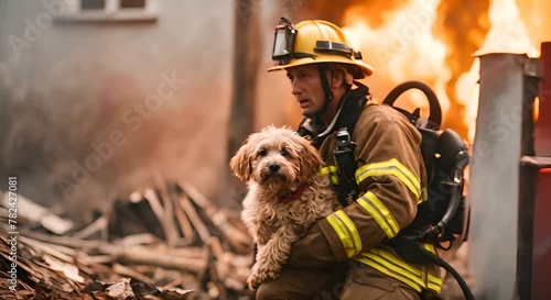 Firefighter rescuing a dog from a fire. photo