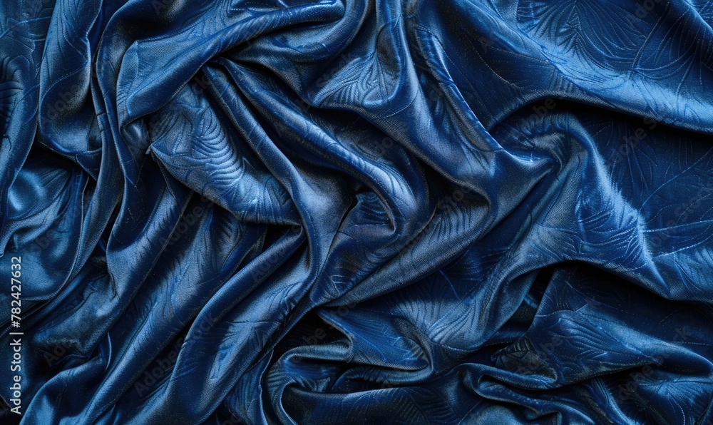 Fototapeta premium closeup view of background draped with sumptuous velvet fabric in luxurious navy blue, abstract background