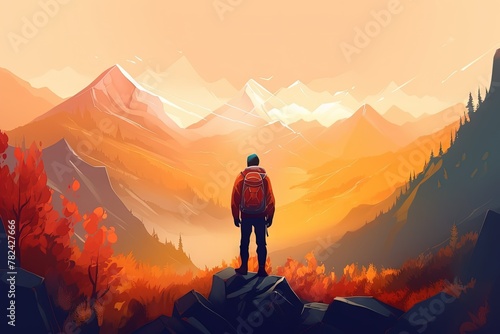 Hiker Admiring Autumn Mountain Landscape Generative AI