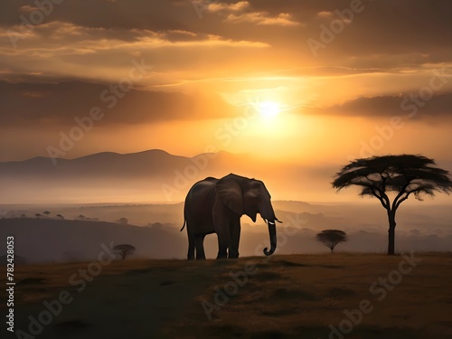 elephants at sunset in forest 